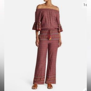RAGA Boho Off Shoulder Jumpsuit Red Tribal Print Size Small